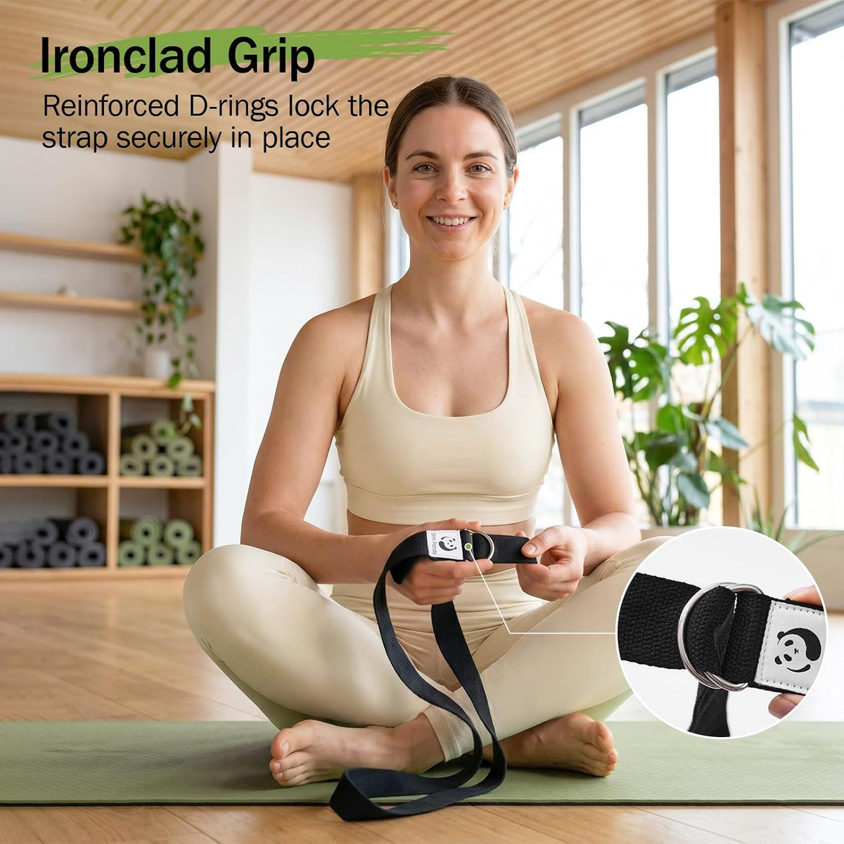 Slim Panda Yoga Strap for Stretching,Cotton Yoga Strap with Adjustable D-Ring Buckle,Non-Elastic Yoga Belt for Pilates,Gym Workouts,Physical Therapy,Improve Flexibility