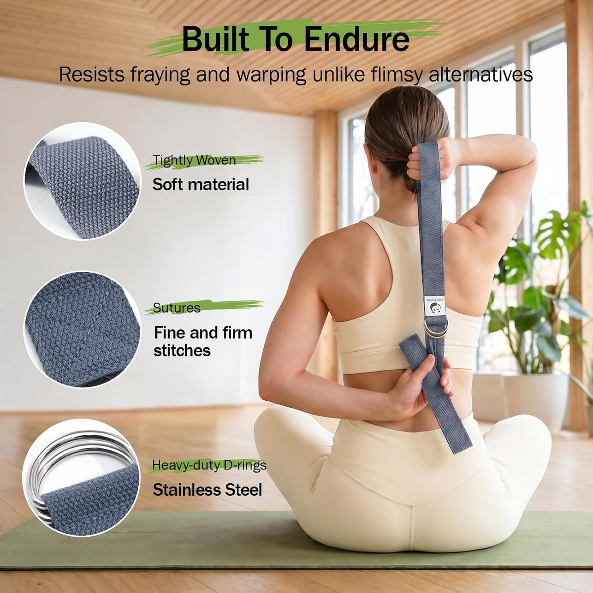 Slim Panda Yoga Strap for Stretching,Cotton Yoga Strap with Adjustable D-Ring Buckle,Non-Elastic Yoga Belt for Pilates,Gym Workouts,Physical Therapy,Improve Flexibility