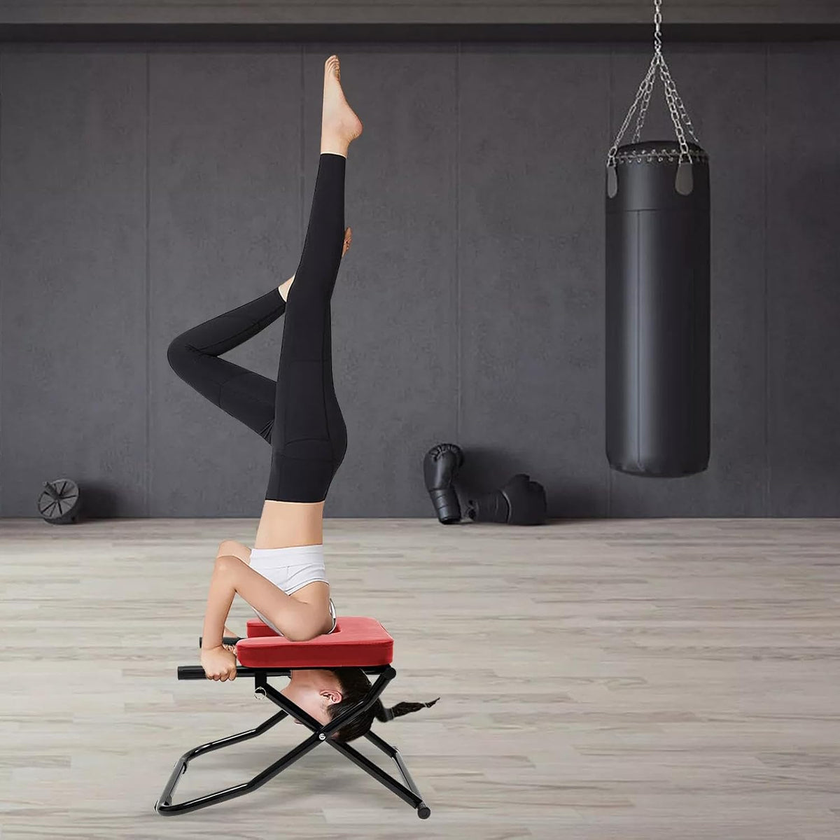 Yoga Headstand Bench Inversion Chair, Foldable Stand Inversion Stool Practice Head Stand Equipment Shoulderstand and Strength Training, Red