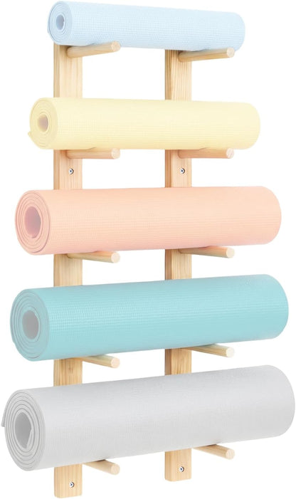 Cinnvoice 5 Tier Wooden Yoga Mat Holder Wall Mount, Adjustable Width