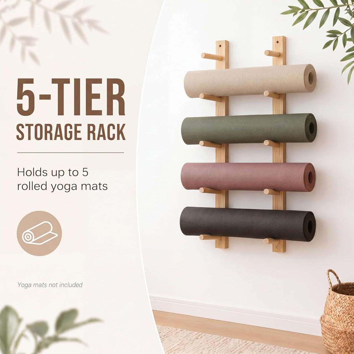 Cinnvoice 5 Tier Wooden Yoga Mat Holder Wall Mount, Adjustable Width