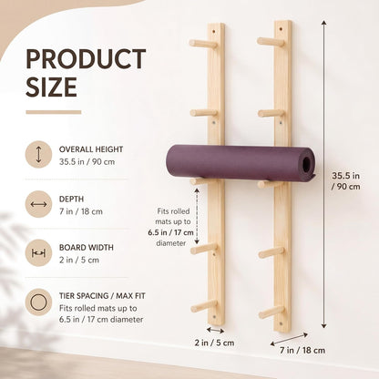 Cinnvoice 5 Tier Wooden Yoga Mat Holder Wall Mount, Adjustable Width