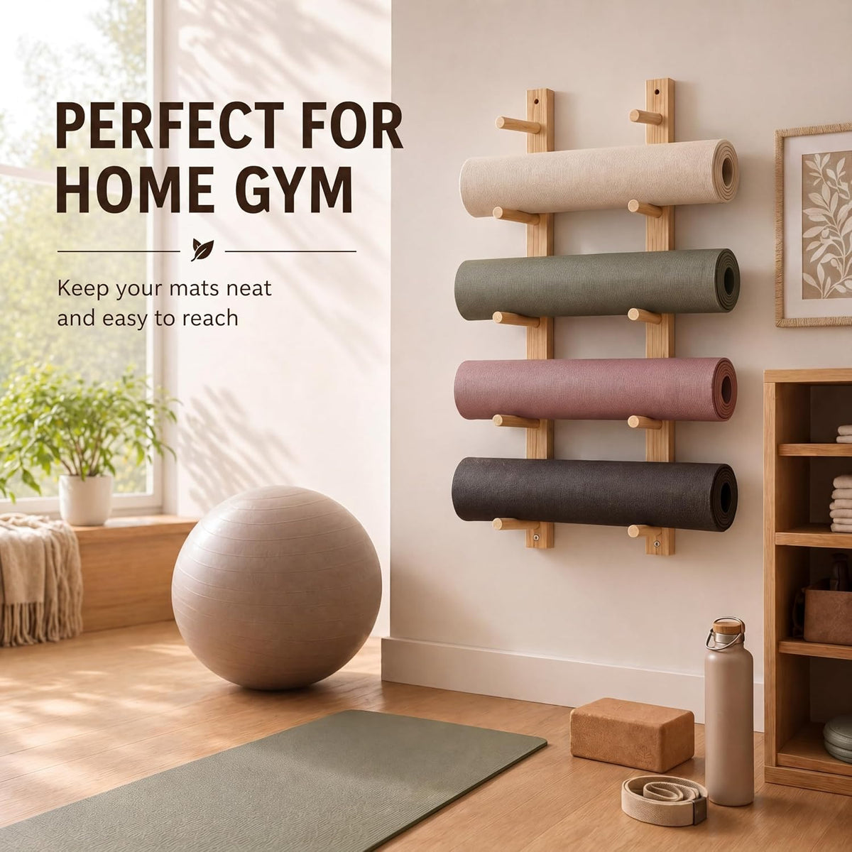 Cinnvoice 5 Tier Wooden Yoga Mat Holder Wall Mount, Adjustable Width