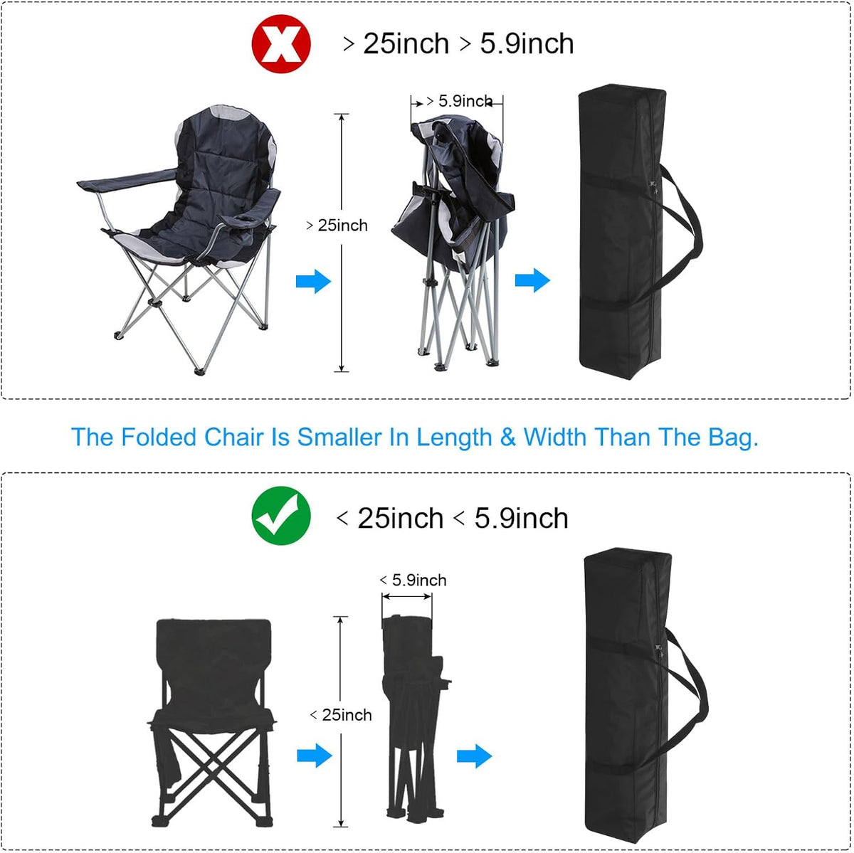 25 Inch Camp Chair Replacement Bag, Nylon Foldable Carrying Bag Large Zippered Bag with Shoulder Strap for Camping Travel, Black