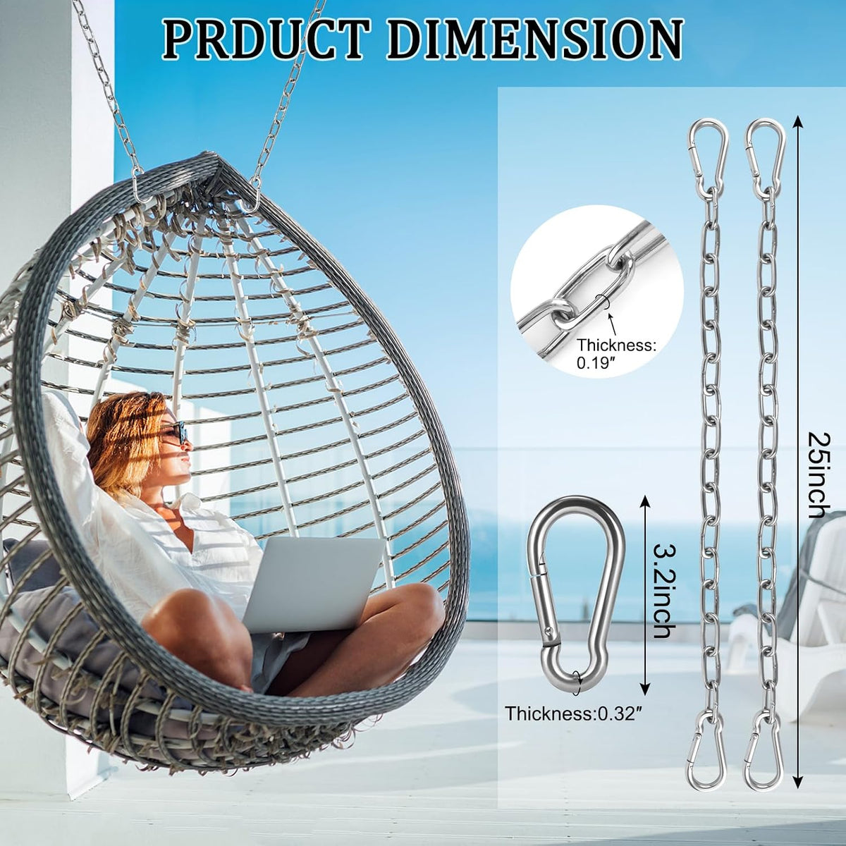 44in Hanging Swing Chain with 4 Carabiners, 660LB Capacity Hanging Kits Heavy Duty Hanging Chair Hardware for Hammock Swing Hanging Chair Punching Bags Sandbag Indoor Outdoor Yoga Gym (Black)
