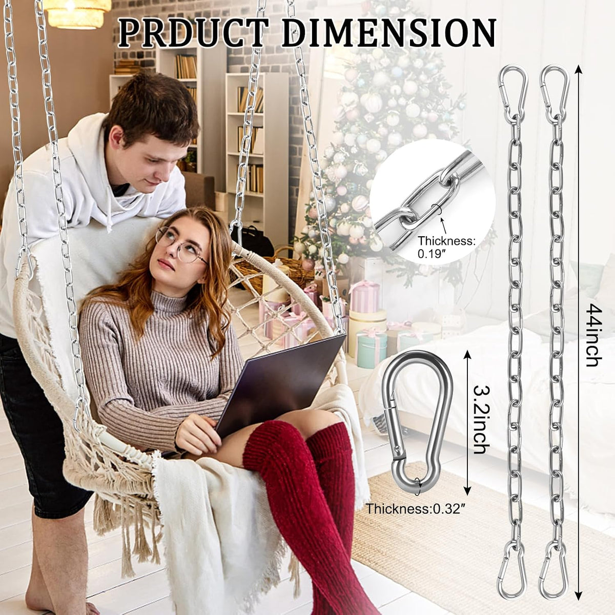 44in Hanging Swing Chain with 4 Carabiners, 660LB Capacity Hanging Kits Heavy Duty Hanging Chair Hardware for Hammock Swing Hanging Chair Punching Bags Sandbag Indoor Outdoor Yoga Gym (Black)