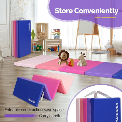 Folding Gymnastics Gym Exercise Aerobics Mat, 76"L x 30"W x 1.5"Th Folding Exercise Mat, Easy to Clean PU Leather Tumbling Mats for Stretching Yoga Cheerleading Martial Arts, Kid Play(Pink ,Blue）
