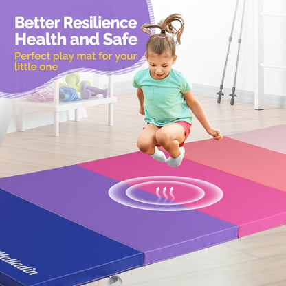 Folding Gymnastics Gym Exercise Aerobics Mat, 76"L x 30"W x 1.5"Th Folding Exercise Mat, Easy to Clean PU Leather Tumbling Mats for Stretching Yoga Cheerleading Martial Arts, Kid Play(Pink ,Blue）