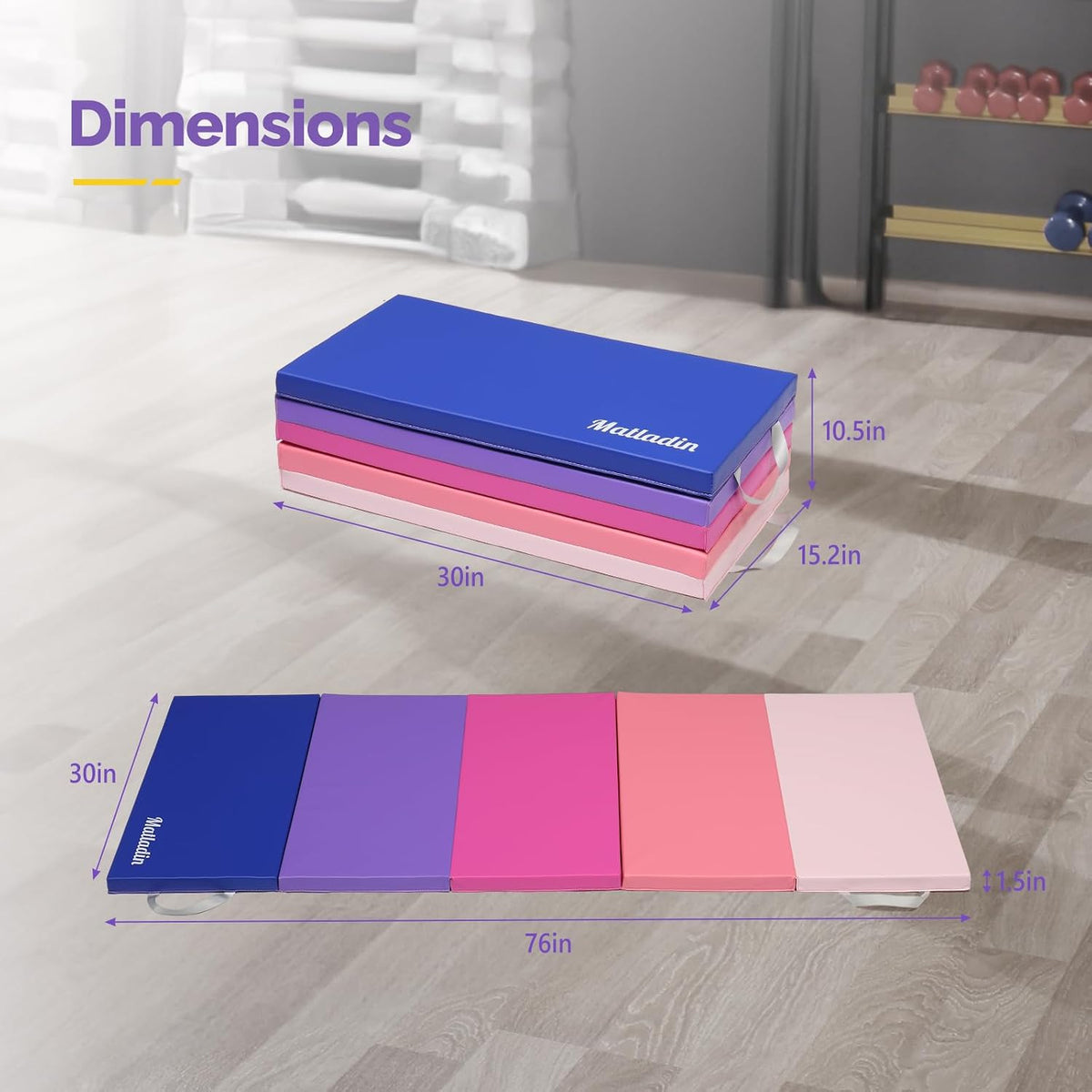 Folding Gymnastics Gym Exercise Aerobics Mat, 76"L x 30"W x 1.5"Th Folding Exercise Mat, Easy to Clean PU Leather Tumbling Mats for Stretching Yoga Cheerleading Martial Arts, Kid Play(Pink ,Blue）