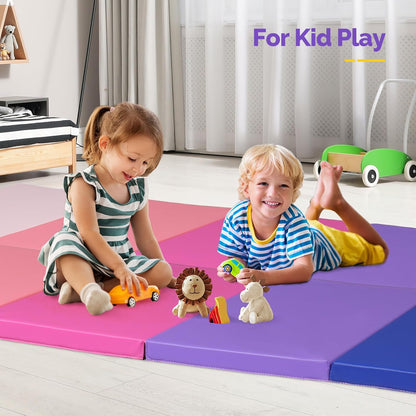 Folding Gymnastics Gym Exercise Aerobics Mat, 76"L x 30"W x 1.5"Th Folding Exercise Mat, Easy to Clean PU Leather Tumbling Mats for Stretching Yoga Cheerleading Martial Arts, Kid Play(Pink ,Blue）