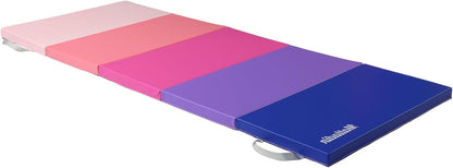 Folding Gymnastics Gym Exercise Aerobics Mat, 76"L x 30"W x 1.5"Th Folding Exercise Mat, Easy to Clean PU Leather Tumbling Mats for Stretching Yoga Cheerleading Martial Arts, Kid Play(Pink ,Blue）