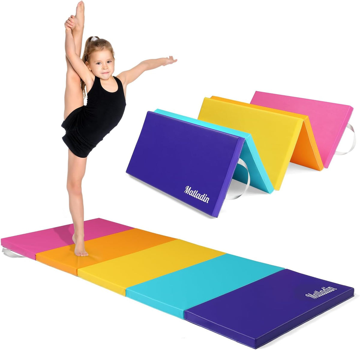 Folding Gymnastics Gym Exercise Aerobics Mat, 76"L x 30"W x 1.5"Th Folding Exercise Mat, Easy to Clean PU Leather Tumbling Mats for Stretching Yoga Cheerleading Martial Arts, Kid Play(Pink ,Blue）