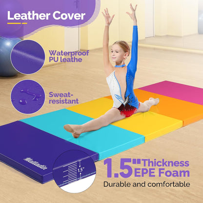 Folding Gymnastics Gym Exercise Aerobics Mat, 76"L x 30"W x 1.5"Th Folding Exercise Mat, Easy to Clean PU Leather Tumbling Mats for Stretching Yoga Cheerleading Martial Arts, Kid Play(Pink ,Blue）