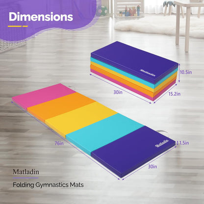 Folding Gymnastics Gym Exercise Aerobics Mat, 76"L x 30"W x 1.5"Th Folding Exercise Mat, Easy to Clean PU Leather Tumbling Mats for Stretching Yoga Cheerleading Martial Arts, Kid Play(Pink ,Blue）