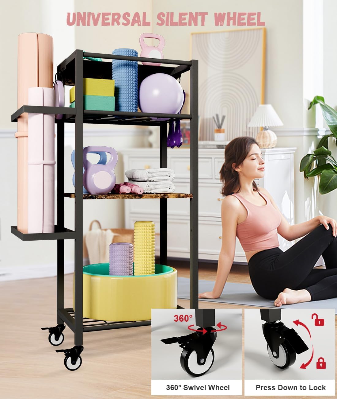 Yoga Mat Storage Rack with Wheels, 3 Tier Home Gym Workout Equipment Organizer for Dumbbells, Kettlebells, Foam Rollers
