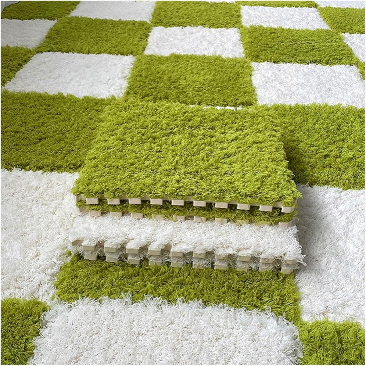 Thickened Plush Foam Interlocking Floor Carpet Mat, 24 Piece 12x12in Fluffy Square Puzzle Foam Carpet Tiles with Edgings, Soft Anti-Slip Shaggy Area Rug Playmat (Green+White)