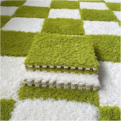Thickened Plush Foam Interlocking Floor Carpet Mat, 24 Piece 12x12in Fluffy Square Puzzle Foam Carpet Tiles with Edgings, Soft Anti-Slip Shaggy Area Rug Playmat (Green+White)