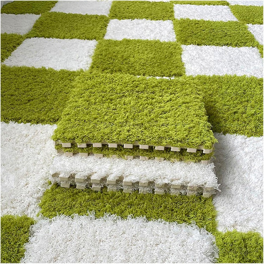 Thickened Plush Foam Interlocking Floor Carpet Mat, 24 Piece 12x12in Fluffy Square Puzzle Foam Carpet Tiles with Edgings, Soft Anti-Slip Shaggy Area Rug Playmat (Green+White)
