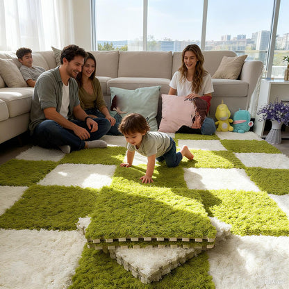 Thickened Plush Foam Interlocking Floor Carpet Mat, 24 Piece 12x12in Fluffy Square Puzzle Foam Carpet Tiles with Edgings, Soft Anti-Slip Shaggy Area Rug Playmat (Green+White)