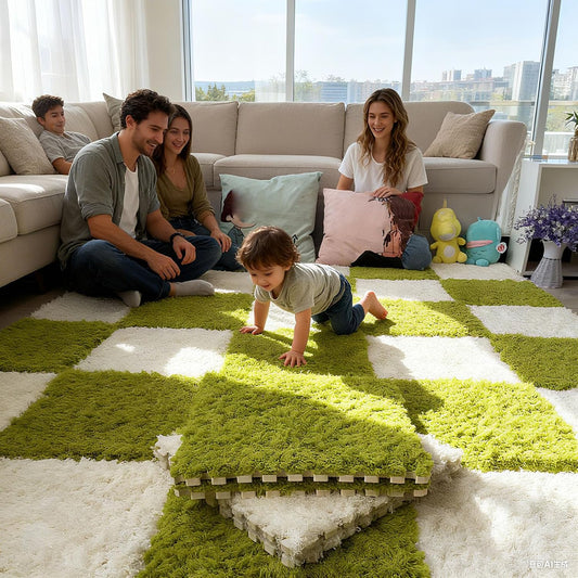 Thickened Plush Foam Interlocking Floor Carpet Mat, 24 Piece 12x12in Fluffy Square Puzzle Foam Carpet Tiles with Edgings, Soft Anti-Slip Shaggy Area Rug Playmat (Green+White)