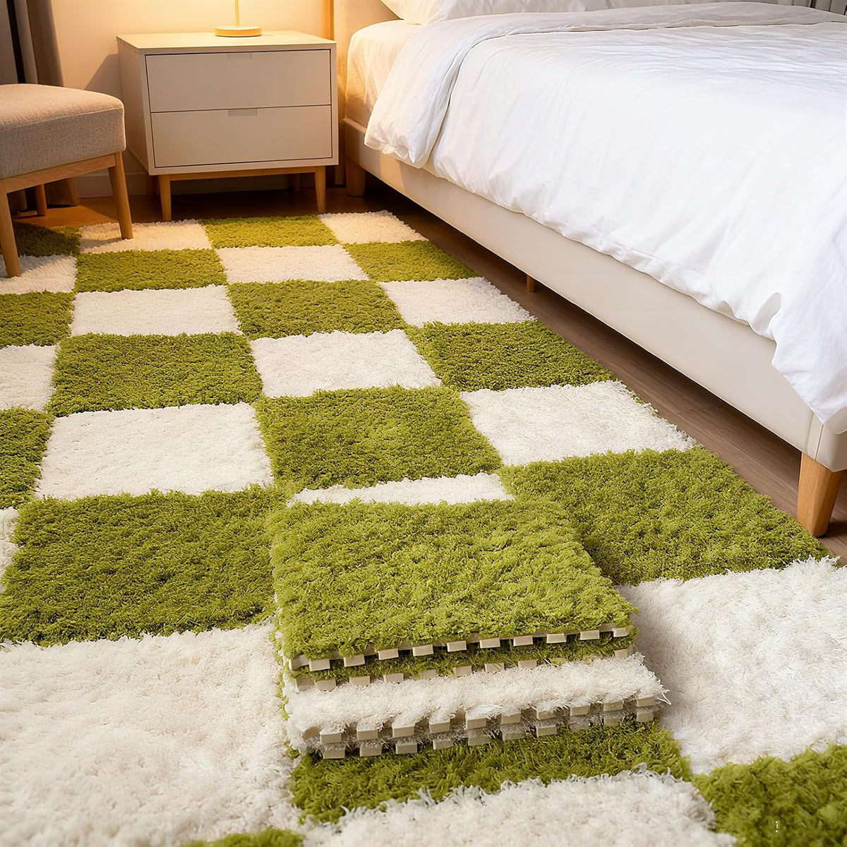 Thickened Plush Foam Interlocking Floor Carpet Mat, 24 Piece 12x12in Fluffy Square Puzzle Foam Carpet Tiles with Edgings, Soft Anti-Slip Shaggy Area Rug Playmat (Green+White)