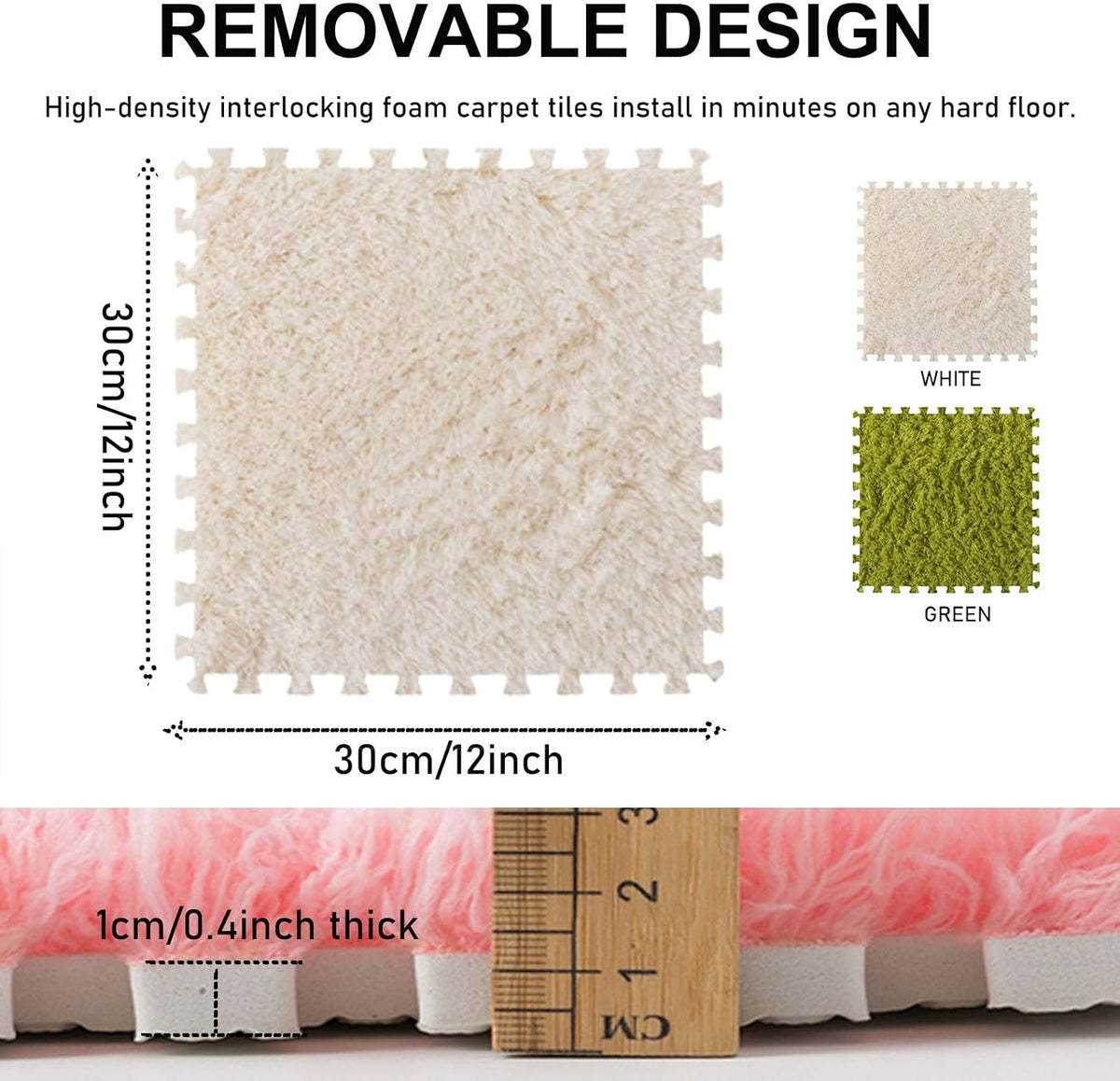 Thickened Plush Foam Interlocking Floor Carpet Mat, 24 Piece 12x12in Fluffy Square Puzzle Foam Carpet Tiles with Edgings, Soft Anti-Slip Shaggy Area Rug Playmat (Green+White)