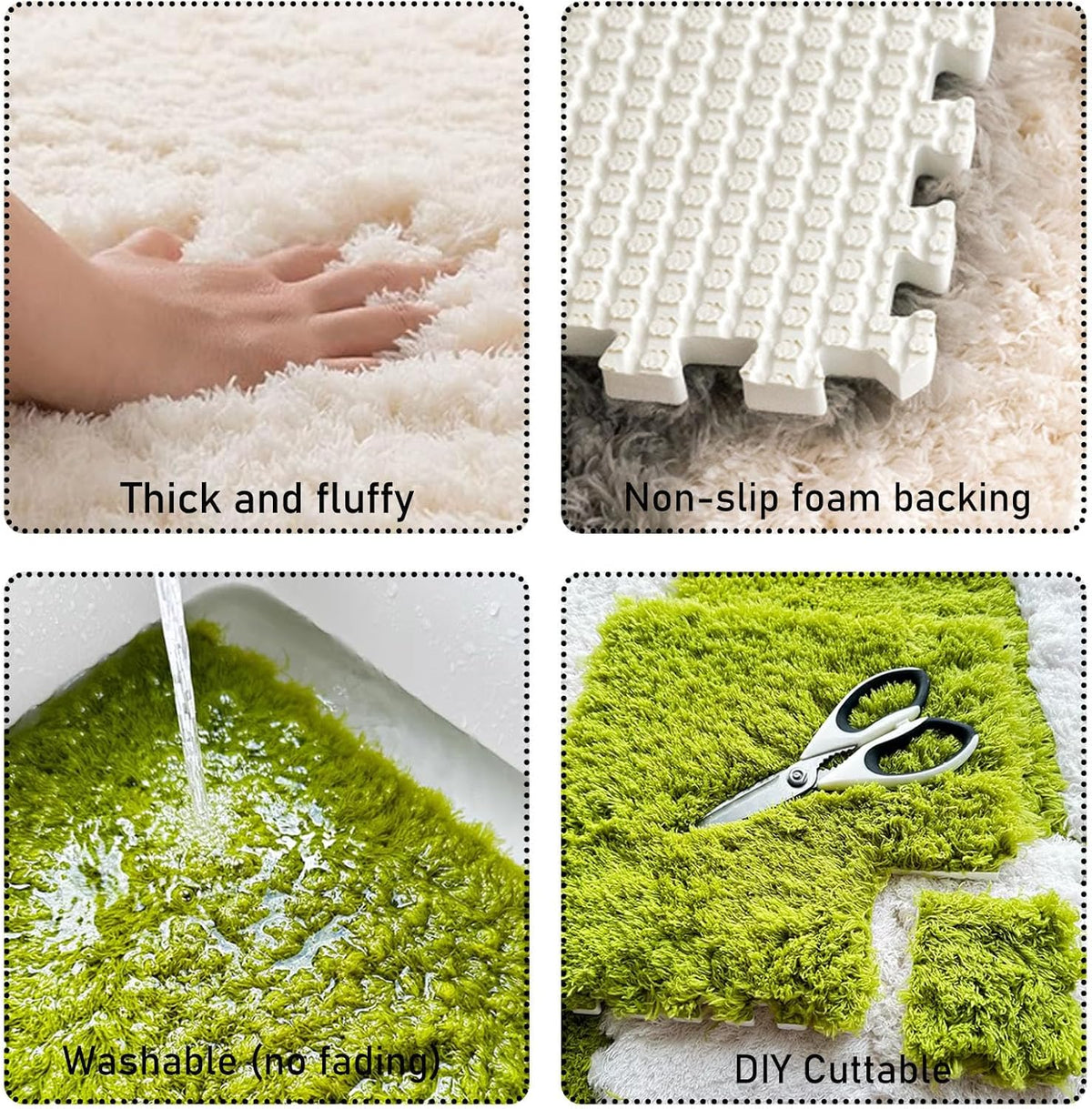 Thickened Plush Foam Interlocking Floor Carpet Mat, 24 Piece 12x12in Fluffy Square Puzzle Foam Carpet Tiles with Edgings, Soft Anti-Slip Shaggy Area Rug Playmat (Green+White)