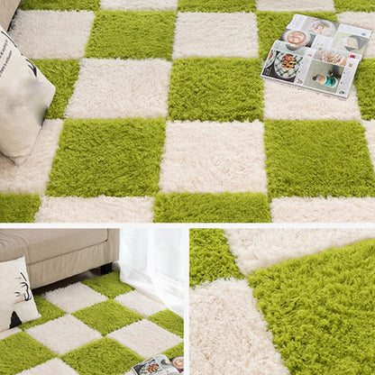 Thickened Plush Foam Interlocking Floor Carpet Mat, 24 Piece 12x12in Fluffy Square Puzzle Foam Carpet Tiles with Edgings, Soft Anti-Slip Shaggy Area Rug Playmat (Green+White)