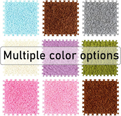 Thickened Plush Foam Interlocking Floor Carpet Mat, 24 Piece 12x12in Fluffy Square Puzzle Foam Carpet Tiles with Edgings, Soft Anti-Slip Shaggy Area Rug Playmat (Green+White)