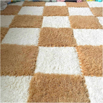 Thickened Plush Foam Interlocking Floor Carpet Mat, 24 Piece 12x12in Fluffy Square Puzzle Foam Carpet Tiles with Edgings, Soft Anti-Slip Shaggy Area Rug Playmat (Green+White)