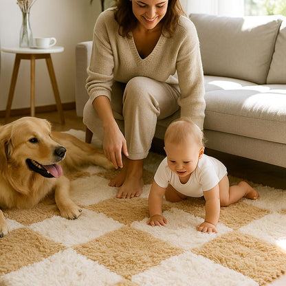 Thickened Plush Foam Interlocking Floor Carpet Mat, 24 Piece 12x12in Fluffy Square Puzzle Foam Carpet Tiles with Edgings, Soft Anti-Slip Shaggy Area Rug Playmat (Green+White)