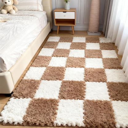 Thickened Plush Foam Interlocking Floor Carpet Mat, 24 Piece 12x12in Fluffy Square Puzzle Foam Carpet Tiles with Edgings, Soft Anti-Slip Shaggy Area Rug Playmat (Green+White)