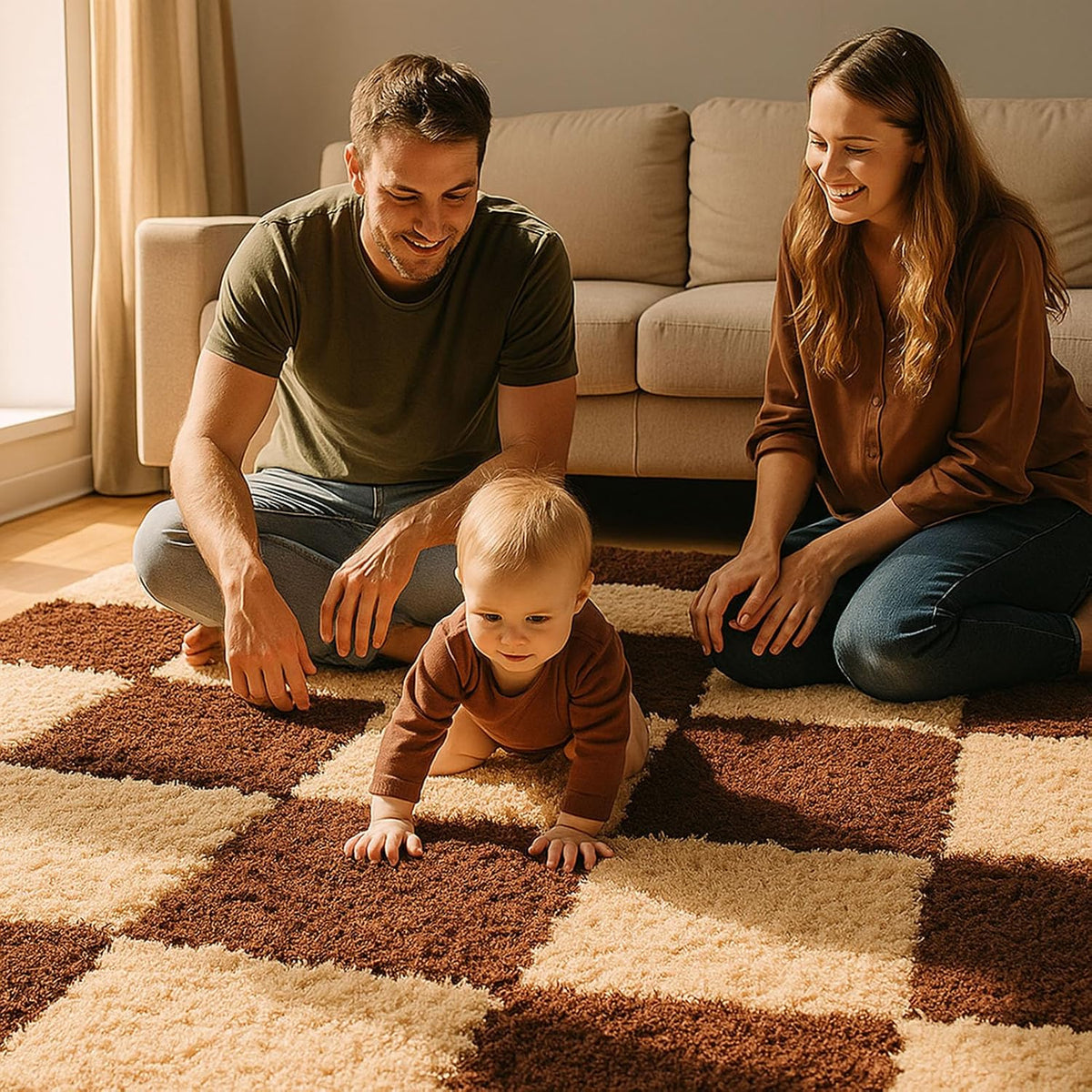 Thickened Plush Foam Interlocking Floor Carpet Mat, 24 Piece 12x12in Fluffy Square Puzzle Foam Carpet Tiles with Edgings, Soft Anti-Slip Shaggy Area Rug Playmat (Green+White)