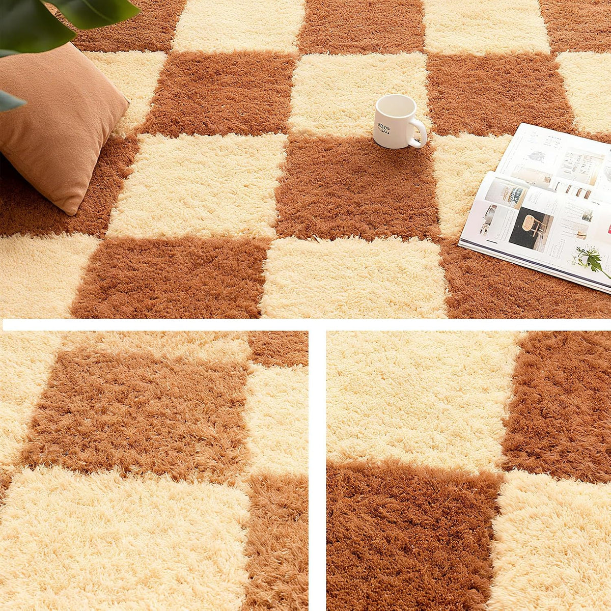 Thickened Plush Foam Interlocking Floor Carpet Mat, 24 Piece 12x12in Fluffy Square Puzzle Foam Carpet Tiles with Edgings, Soft Anti-Slip Shaggy Area Rug Playmat (Green+White)