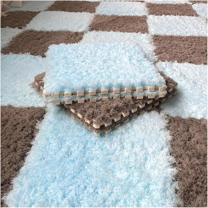 Thickened Plush Foam Interlocking Floor Carpet Mat, 24 Piece 12x12in Fluffy Square Puzzle Foam Carpet Tiles with Edgings, Soft Anti-Slip Shaggy Area Rug Playmat (Green+White)