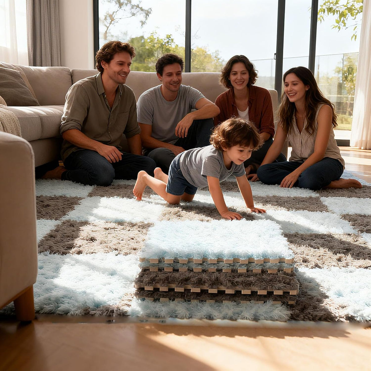 Thickened Plush Foam Interlocking Floor Carpet Mat, 24 Piece 12x12in Fluffy Square Puzzle Foam Carpet Tiles with Edgings, Soft Anti-Slip Shaggy Area Rug Playmat (Green+White)
