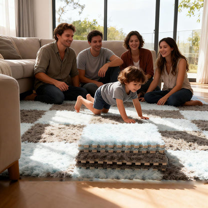 Thickened Plush Foam Interlocking Floor Carpet Mat, 24 Piece 12x12in Fluffy Square Puzzle Foam Carpet Tiles with Edgings, Soft Anti-Slip Shaggy Area Rug Playmat (Green+White)