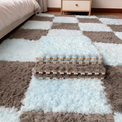 Thickened Plush Foam Interlocking Floor Carpet Mat, 24 Piece 12x12in Fluffy Square Puzzle Foam Carpet Tiles with Edgings, Soft Anti-Slip Shaggy Area Rug Playmat (Green+White)