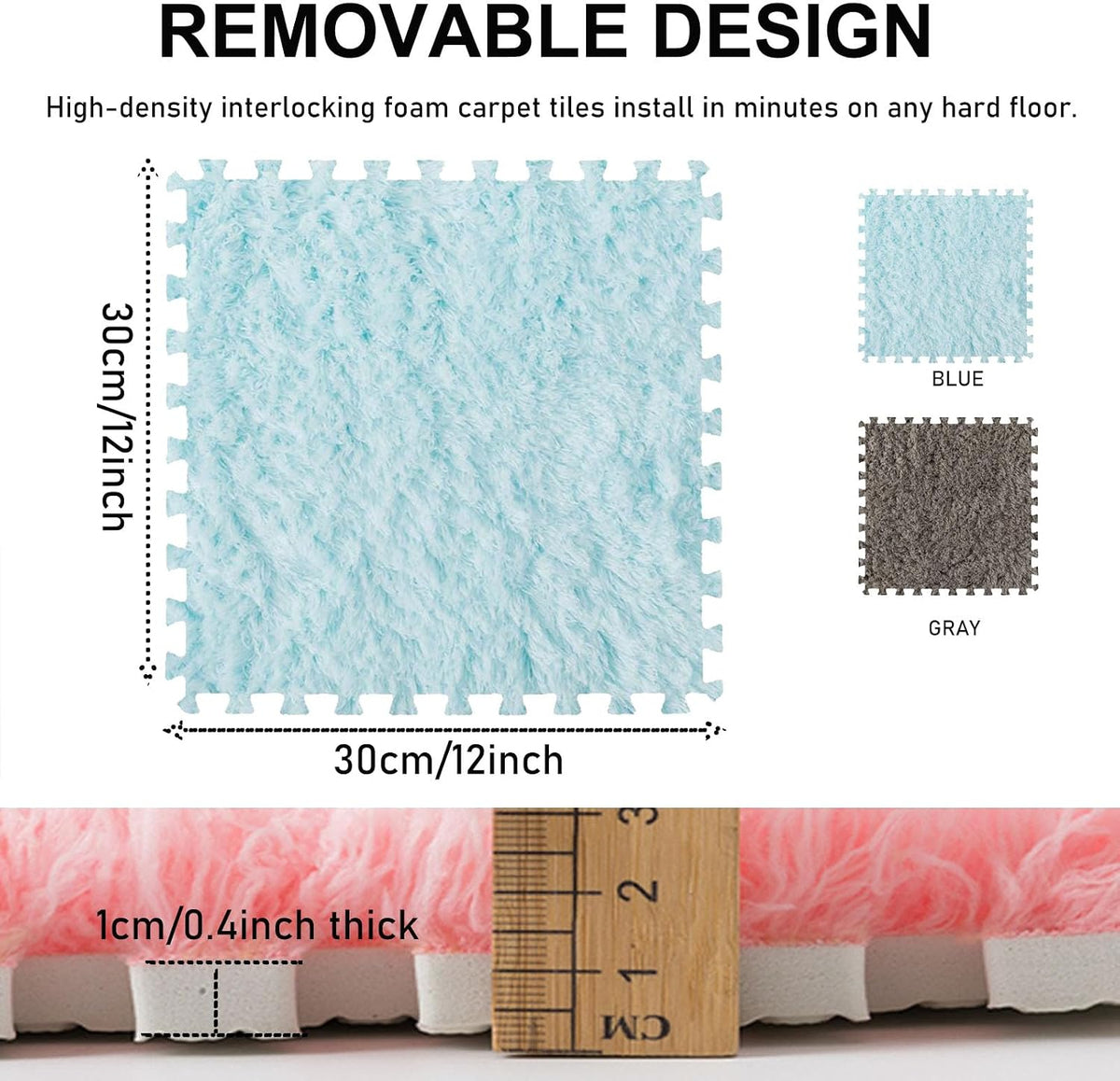 Thickened Plush Foam Interlocking Floor Carpet Mat, 24 Piece 12x12in Fluffy Square Puzzle Foam Carpet Tiles with Edgings, Soft Anti-Slip Shaggy Area Rug Playmat (Green+White)