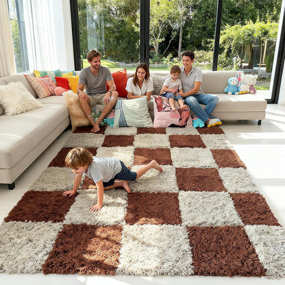 Thickened Plush Foam Interlocking Floor Carpet Mat, 24 Piece 12x12in Fluffy Square Puzzle Foam Carpet Tiles with Edgings, Soft Anti-Slip Shaggy Area Rug Playmat (Green+White)