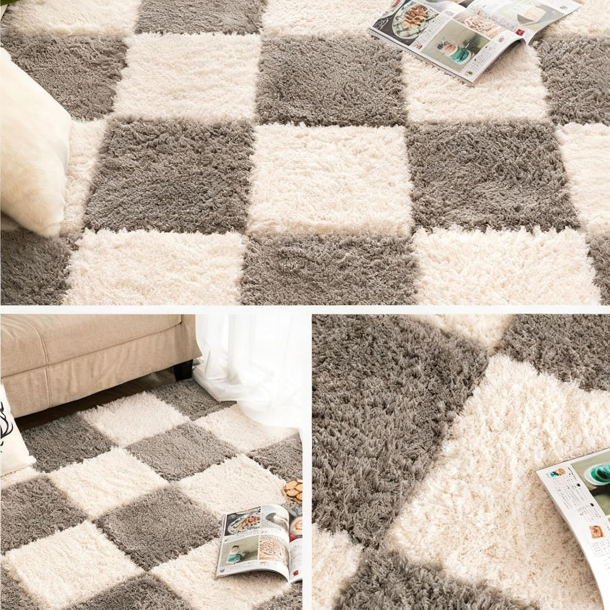 Thickened Plush Foam Interlocking Floor Carpet Mat, 24 Piece 12x12in Fluffy Square Puzzle Foam Carpet Tiles with Edgings, Soft Anti-Slip Shaggy Area Rug Playmat (Green+White)