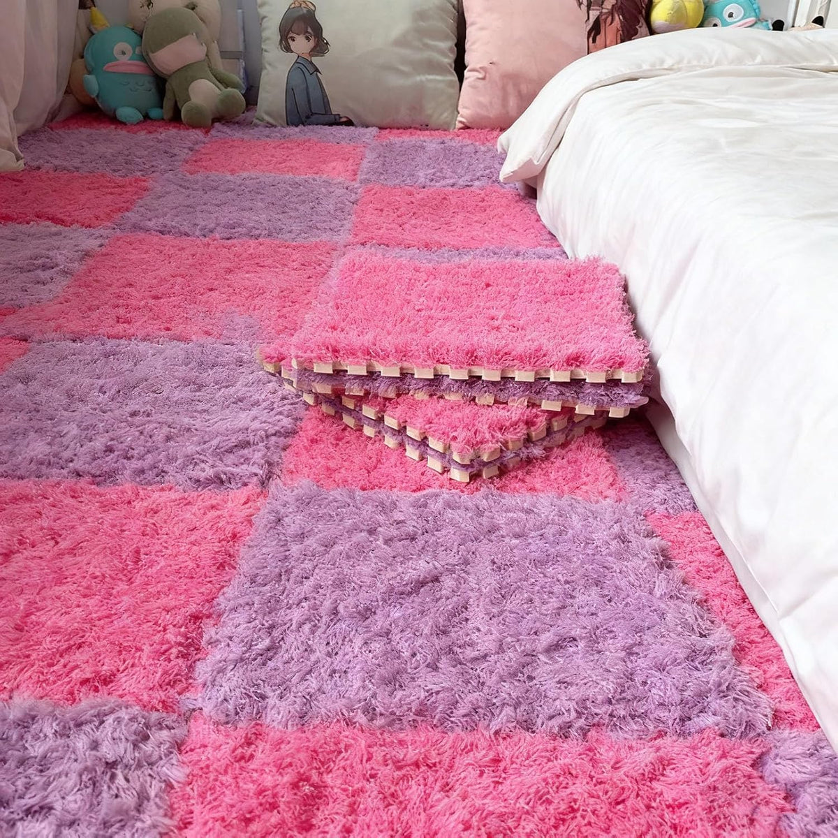 Thickened Plush Foam Interlocking Floor Carpet Mat, 24 Piece 12x12in Fluffy Square Puzzle Foam Carpet Tiles with Edgings, Soft Anti-Slip Shaggy Area Rug Playmat (Green+White)
