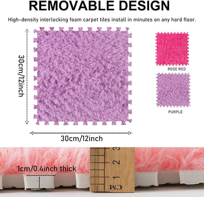 Thickened Plush Foam Interlocking Floor Carpet Mat, 24 Piece 12x12in Fluffy Square Puzzle Foam Carpet Tiles with Edgings, Soft Anti-Slip Shaggy Area Rug Playmat (Green+White)