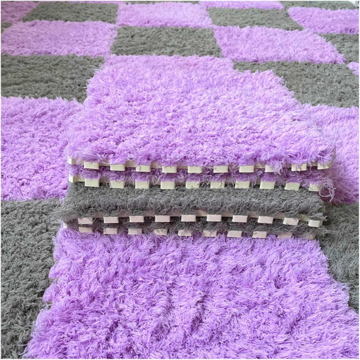 Thickened Plush Foam Interlocking Floor Carpet Mat, 24 Piece 12x12in Fluffy Square Puzzle Foam Carpet Tiles with Edgings, Soft Anti-Slip Shaggy Area Rug Playmat (Green+White)