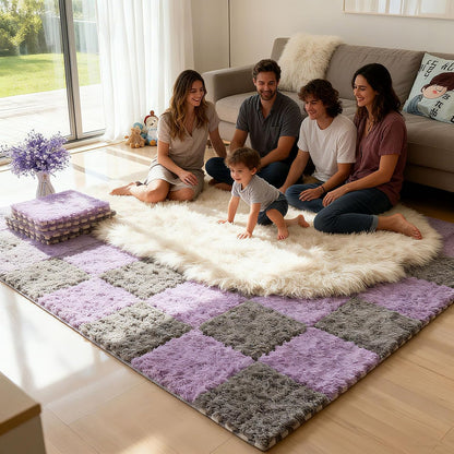 Thickened Plush Foam Interlocking Floor Carpet Mat, 24 Piece 12x12in Fluffy Square Puzzle Foam Carpet Tiles with Edgings, Soft Anti-Slip Shaggy Area Rug Playmat (Green+White)