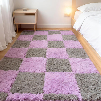 Thickened Plush Foam Interlocking Floor Carpet Mat, 24 Piece 12x12in Fluffy Square Puzzle Foam Carpet Tiles with Edgings, Soft Anti-Slip Shaggy Area Rug Playmat (Green+White)