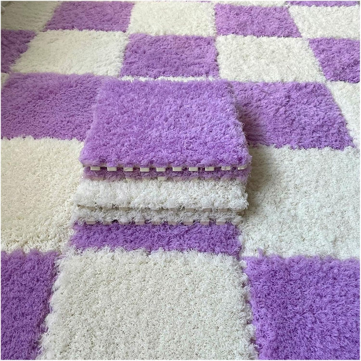Thickened Plush Foam Interlocking Floor Carpet Mat, 24 Piece 12x12in Fluffy Square Puzzle Foam Carpet Tiles with Edgings, Soft Anti-Slip Shaggy Area Rug Playmat (Green+White)