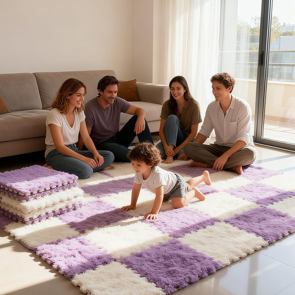 Thickened Plush Foam Interlocking Floor Carpet Mat, 24 Piece 12x12in Fluffy Square Puzzle Foam Carpet Tiles with Edgings, Soft Anti-Slip Shaggy Area Rug Playmat (Green+White)