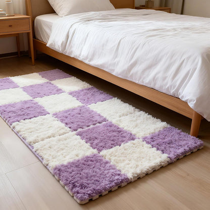 Thickened Plush Foam Interlocking Floor Carpet Mat, 24 Piece 12x12in Fluffy Square Puzzle Foam Carpet Tiles with Edgings, Soft Anti-Slip Shaggy Area Rug Playmat (Green+White)