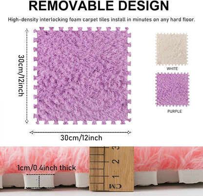 Thickened Plush Foam Interlocking Floor Carpet Mat, 24 Piece 12x12in Fluffy Square Puzzle Foam Carpet Tiles with Edgings, Soft Anti-Slip Shaggy Area Rug Playmat (Green+White)